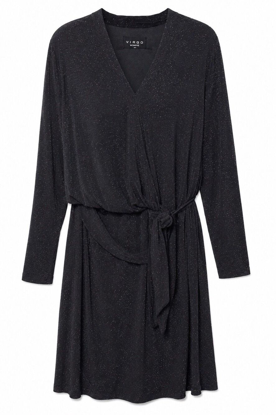 Virgo Women’s Long Sleeve Belted Wrap Dress Sparkle Black Size XL Midi Dress